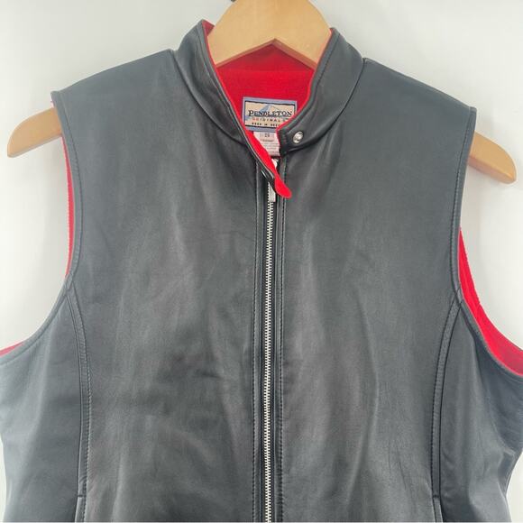 PENDLETON Vest Vintage Black 100% Leather Zip Up Red Fleece Interior Size Small - Picture 4 of 13